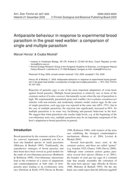 Antiparasite Behaviour in Response to Experimental Brood Parasitism in the Great Reed Warbler: a Comparison of Single and Multiple Parasitism