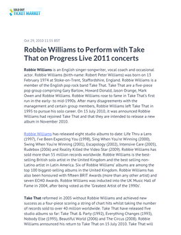 Robbie Williams to Perform with Take That on Progress Live 2011 Concerts