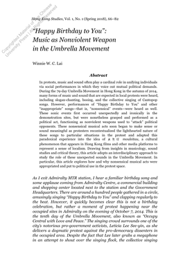 Music As Nonviolent Weapon in the Umbrella Movement Copyrighted Material of the Chinese University Press | All Rights Reserved Winnie W