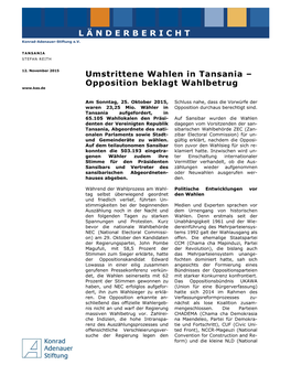 LÄNDERBERICHT Umstrittene Wahlen in Tansania – Opposition