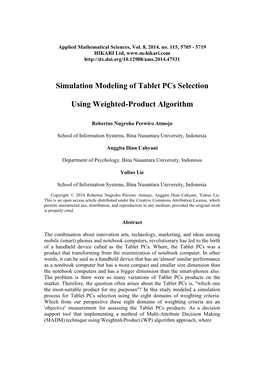 Simulation Modeling of Tablet Pcs Selection Using Weighted-Product