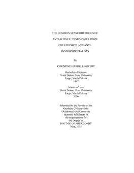 The Common Sense Rhetorics of Anti-Science: Testimonies from Creationists and Anti- Environmentalists