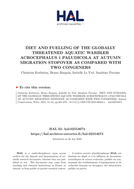 Diet and Fuelling of the Globally Threatened Aquatic Warbler Acrocephalus 1 Paludicola at Autumn Migration Stopover As Compared