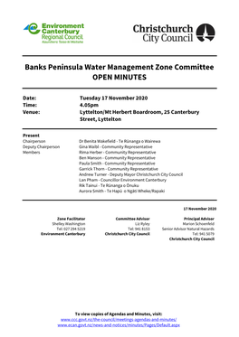 Minutes of Banks Peninsula Water