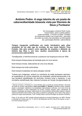 António Pedro: a Saga Islenha De Um Poeta De Caboverdianidade Bissexta Vista Por Dionísio De Deus Y Fonteana1