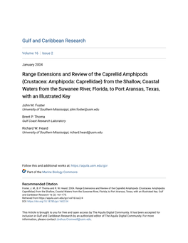 Crustacea: Amphipoda: Caprellidae) from the Shallow, Coastal Waters from the Suwanee River, Florida, to Port Aransas, Texas, with an Illustrated Key