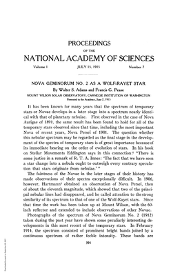 NATIONAL ACADEMY of SCIENCES Volume I JULY 15, 1915 Number 7