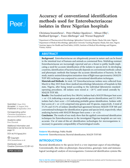 Accuracy of Conventional Identification Methods Used for Enterobacteriaceae Isolates in Three Nigerian Hospitals