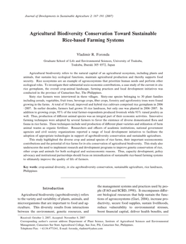 Agricultural Biodiversity Conservation Toward Sustainable Rice-Based Farming Systems