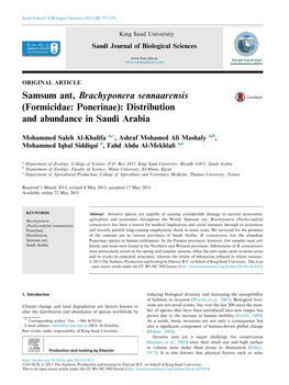 Samsum Ant, Brachyponera Sennaarensis (Formicidae: Ponerinae): Distribution and Abundance in Saudi Arabia