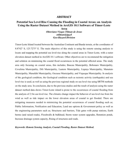 ABSTRACT Potential Sea Level Rise Causing the Flooding in Coastal Areas; an Analysis Using the Raster Dataset Method in Arcgis 1