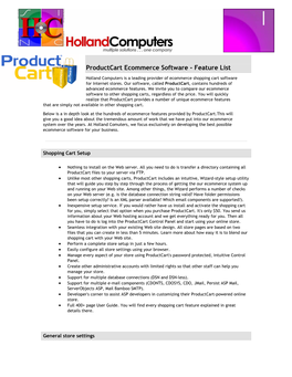 Productcart Ecommerce Software - Feature List