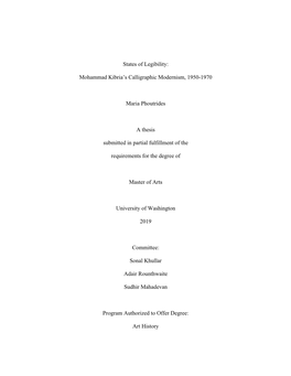 States of Legibility: Mohammad Kibria's Calligraphic Modernism, 1950-1970 Maria Phoutrides a Thesis Submitted in Partial Fulf