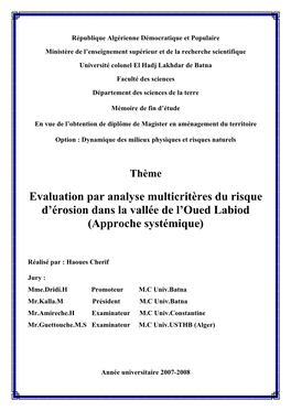 Evaluation Par Analyse Multicritères Du Risque D'érosion Dans La Vallée