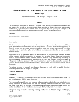 Ethno-Medicinal Use of Weed Flora in Dibrugarh, Assam, Ne India. Suman Gogoi Department of Botany, DHSK College, Dibrugarh, Assam