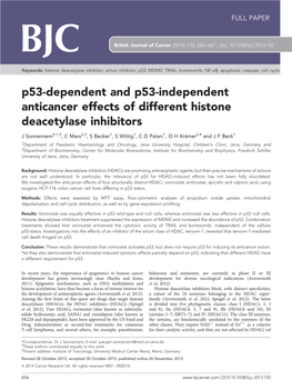 P53-Dependent and P53-Independent Anticancer Effects of Different Histone Deacetylase Inhibitors