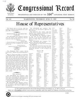 Congressional Record United States Th of America PROCEEDINGS and DEBATES of the 104 CONGRESS, FIRST SESSION