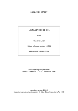 INSPECTION REPORT LEA MANOR HIGH SCHOOL Luton LEA Area