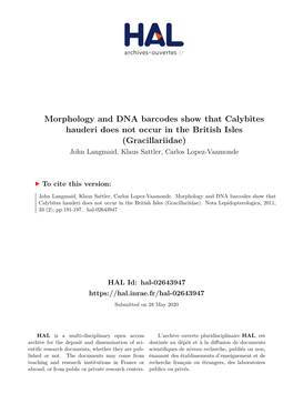 Morphology and DNA Barcodes Show That Calybites Hauderi Does Not Occur in the British Isles (Gracillariidae) John Langmaid, Klaus Sattler, Carlos Lopez-Vaamonde