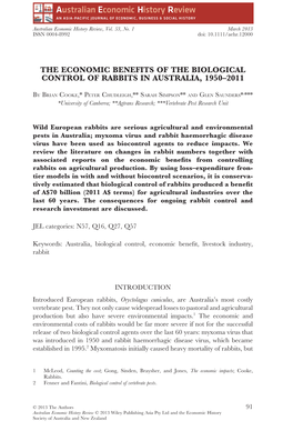 The Economic Benefits of the Biological Control of Rabbits in Australia, 19502011