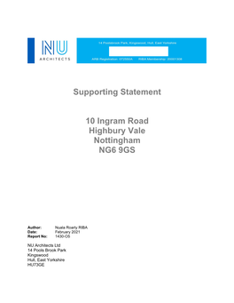 Supporting Statement 10 Ingram Road Highbury Vale Nottingham NG6