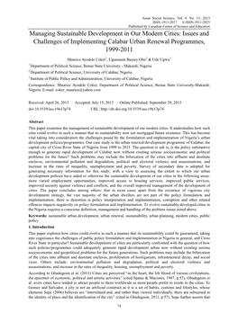 Managing Sustainable Development in Our Modern Cities: Issues and Challenges of Implementing Calabar Urban Renewal Programmes, 1999-2011