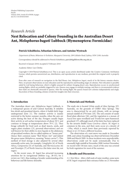Nest Relocation and Colony Founding in the Australian Desert Ant, Melophorus Bagoti Lubbock (Hymenoptera: Formicidae)