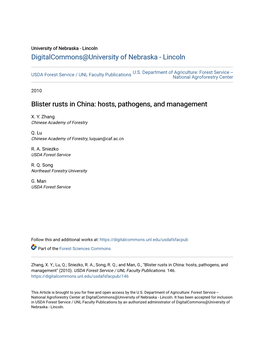 Blister Rusts in China: Hosts, Pathogens, and Management