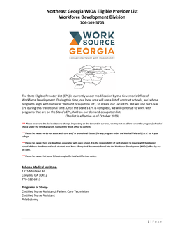 Northeast Georgia WIOA Eligible Provider List Workforce Development Division 706-369-5703