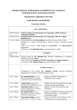 INTERNATIONAL WEB-BASED CONFERENCE on “COVID-19: CONSEQUENCES and CHALLENGES” Organized by Alipurduar University on 05-08-20