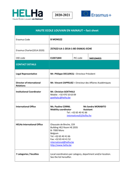 HAUTE ECOLE LOUVAIN EN HAINAUT – Fact Sheet