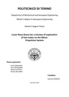 Lunar Nano Drone for a Mission of Exploration of Lava Tubes on the Moon: Propulsion System