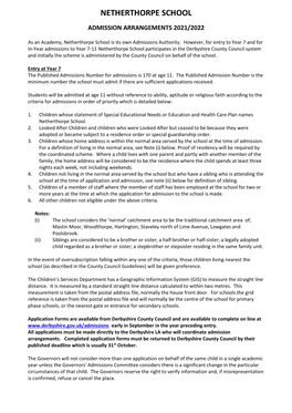 Netherthorpe School Admission Arrangements 2021 to 2022