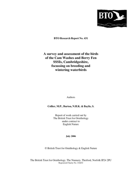 A Survey and Assessment of the Birds of the Cam Washes and Berry Fen Sssis, Cambridgeshire, Focussing on Breeding and Wintering Waterbirds