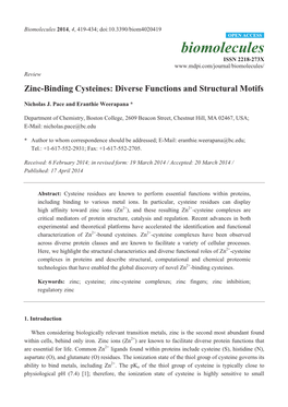 Zinc-Binding Cysteines: Diverse Functions and Structural Motifs