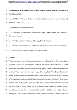 Morphological Facilitators for Vocal Learning Explored Through the Syrinx Anatomy of A