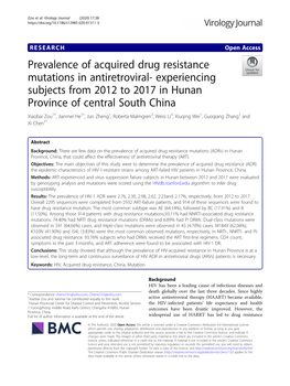 Prevalence of Acquired Drug Resistance Mutations in Antiretroviral- Experiencing Subjects from 2012 to 2017 in Hunan Province Of
