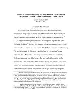 Practices of Ministerial Leadership of Korean-American United Methodist Clergywomen; Toward a Wesleyan Ecclesiology in a Global Context