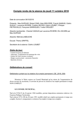 Conseil Municipal Du 11 Octobre 2018