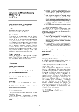 DPR of Korea) Zones in Order to Include All the Significant Heritage No 1278Rev Components and the Cultural and Natural Settings of the Nominated Properties