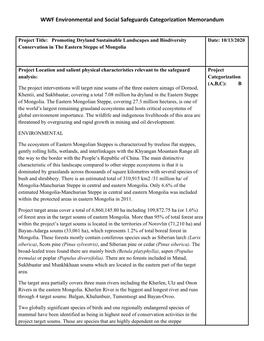 WWF Environmental and Social Safeguards Categorization Memorandum