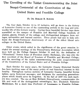 The Unveiling of the Tablet Commemorating the Joint Sesqui-Centennial of the Constitution of the United States and Franklin College