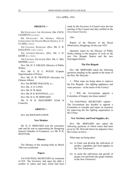 22ND APRIL, 1926. PRESENT:― CLEMENTI, K.C.M.G.). LUARD, C.M.G.). MESSER, O.B.E.). HON. MR. H. T. CREASY (Director of Public Wo