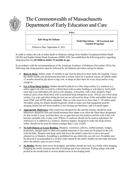 Safe Sleep for Infants Field Operations – All Licensed and Funded Programs Effective Date: September 8, 2021