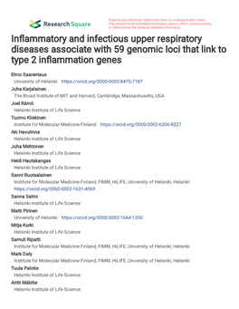 In Ammatory and Infectious Upper Respiratory Diseases Associate With