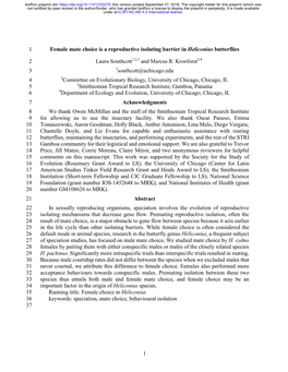 1 Female Mate Choice Is a Reproductive Isolating Barrier in Heliconius Butterflies 1 Laura Southcott and Marcus R. Kronforst