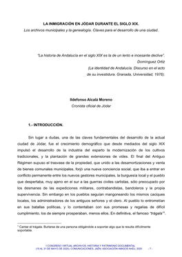 LA INMIGRACIÓN EN JÓDAR DURANTE EL SIGLO XIX. Los Archivos Municipales Y La Genealogía