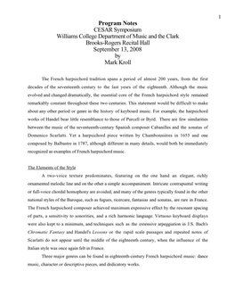 Program Notes CESAR Symposium Williams College Department of Music and the Clark Brooks-Rogers Recital Hall September 13, 2008 by Mark Kroll