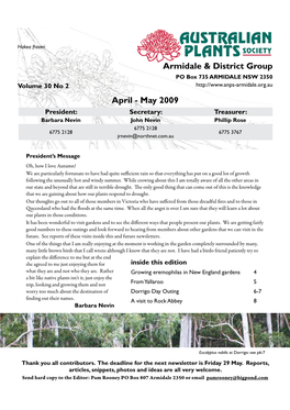 April - May 2009 President: Secretary: Treasurer: Barbara Nevin John Nevin Phillip Rose 6775 2128 6775 2128 6775 3767 Jrnevin@Northnet.Com.Au