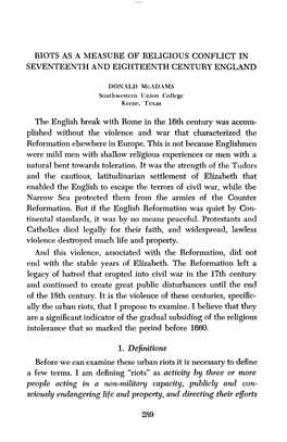 Riots As a Measure of Religious Conflict in Seventeenth and Eighteenth Century England